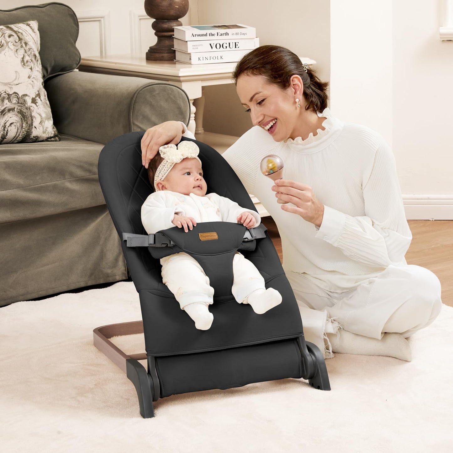Foldable Baby Bouncer, Baby Seat with 3 Adjustable Heights, Portable Newborn Rocker