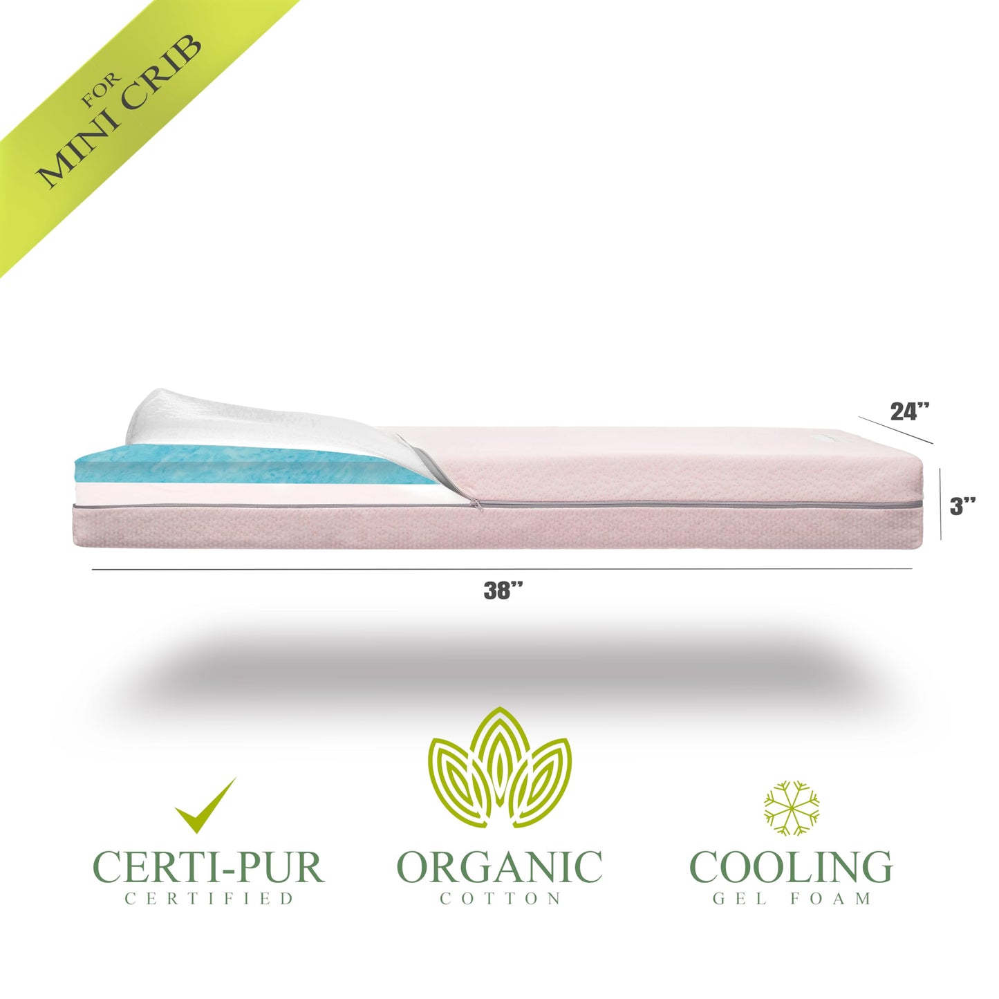 Organic Cotton Dual-Sided Mini Crib Mattress, 38x24x3 Premium Memory Foam 2-Stage CertiPUR-US Hypoallergenic Baby Mattress Firm Support for Infant Cooling Gel for Toddler Waterproof & Washable Cover