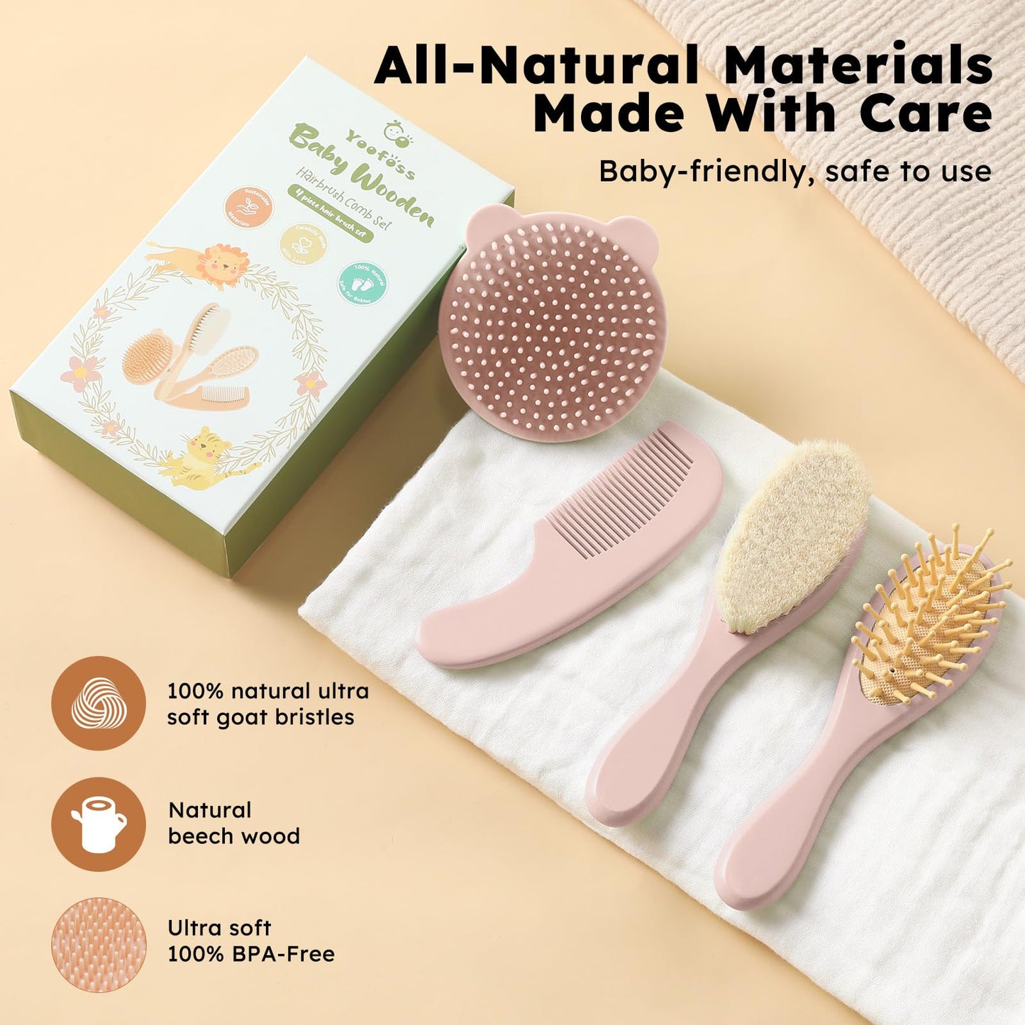 Yoofoss 4 Piece Baby Brush and Comb Set, Wooden Baby Brush with Natural Ultra Soft Goat Hair
