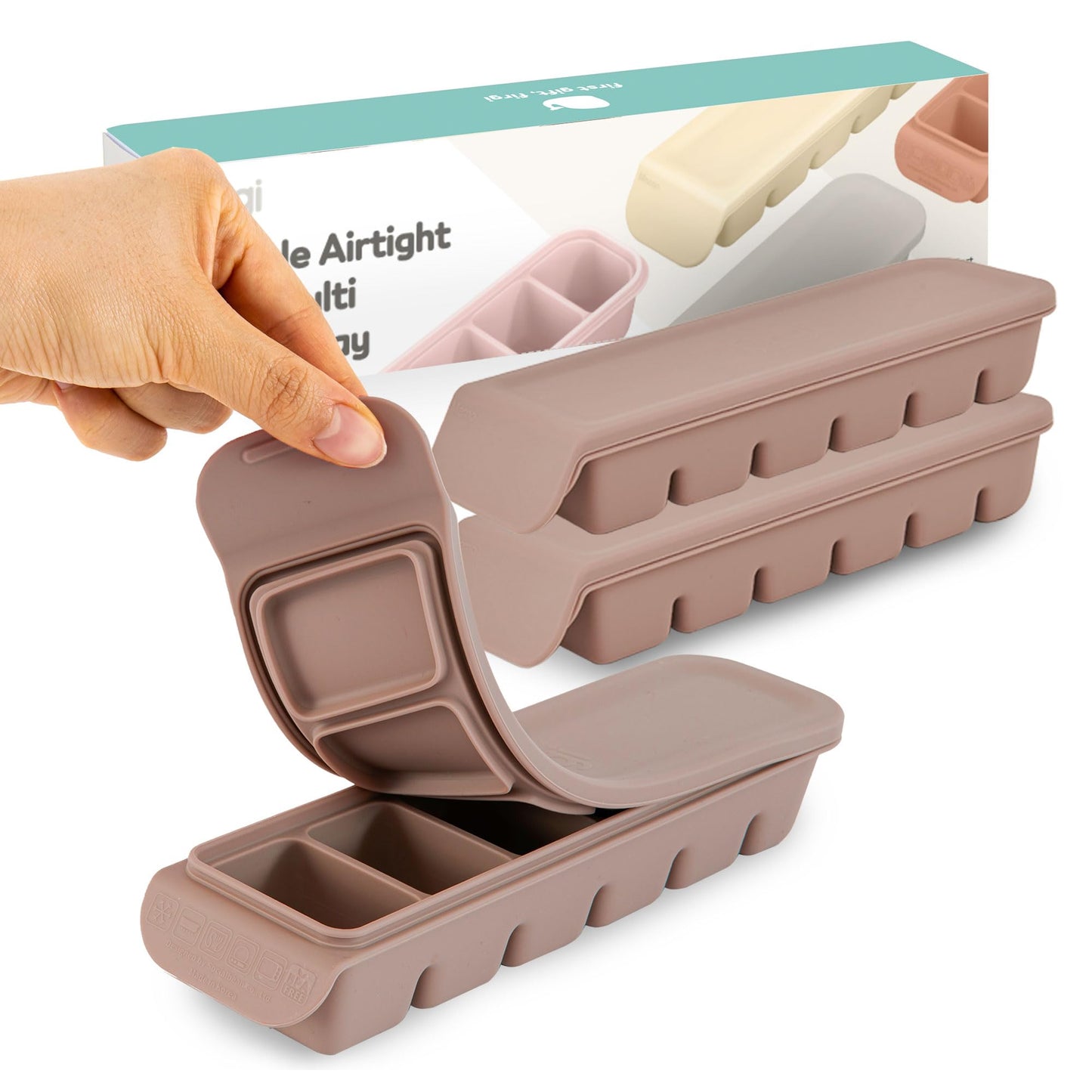 4 Section-1.7oz Gray 100% Food Grade Silicone Ice Cube Tray Food Container with Airtight Locking Lid, Fruit Vegetable Purees, Breastmilk Storage for Baby & Toddler Food | BPA Free Korea Made