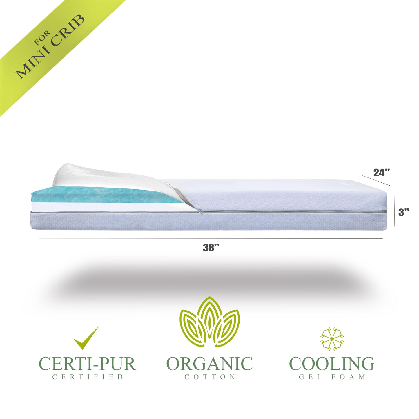 Organic Cotton Dual-Sided Mini Crib Mattress, 38x24x3 Premium Memory Foam 2-Stage CertiPUR-US Hypoallergenic Baby Mattress Firm Support for Infant Cooling Gel for Toddler Waterproof & Washable Cover