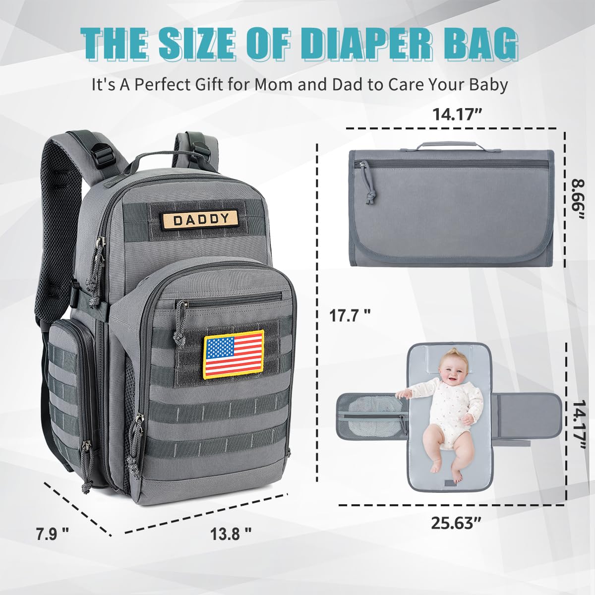 SHARKMOUTH Dad Diaper Bag Backpack - Military Baby Gear Backpacks with Daddy Patches Black
