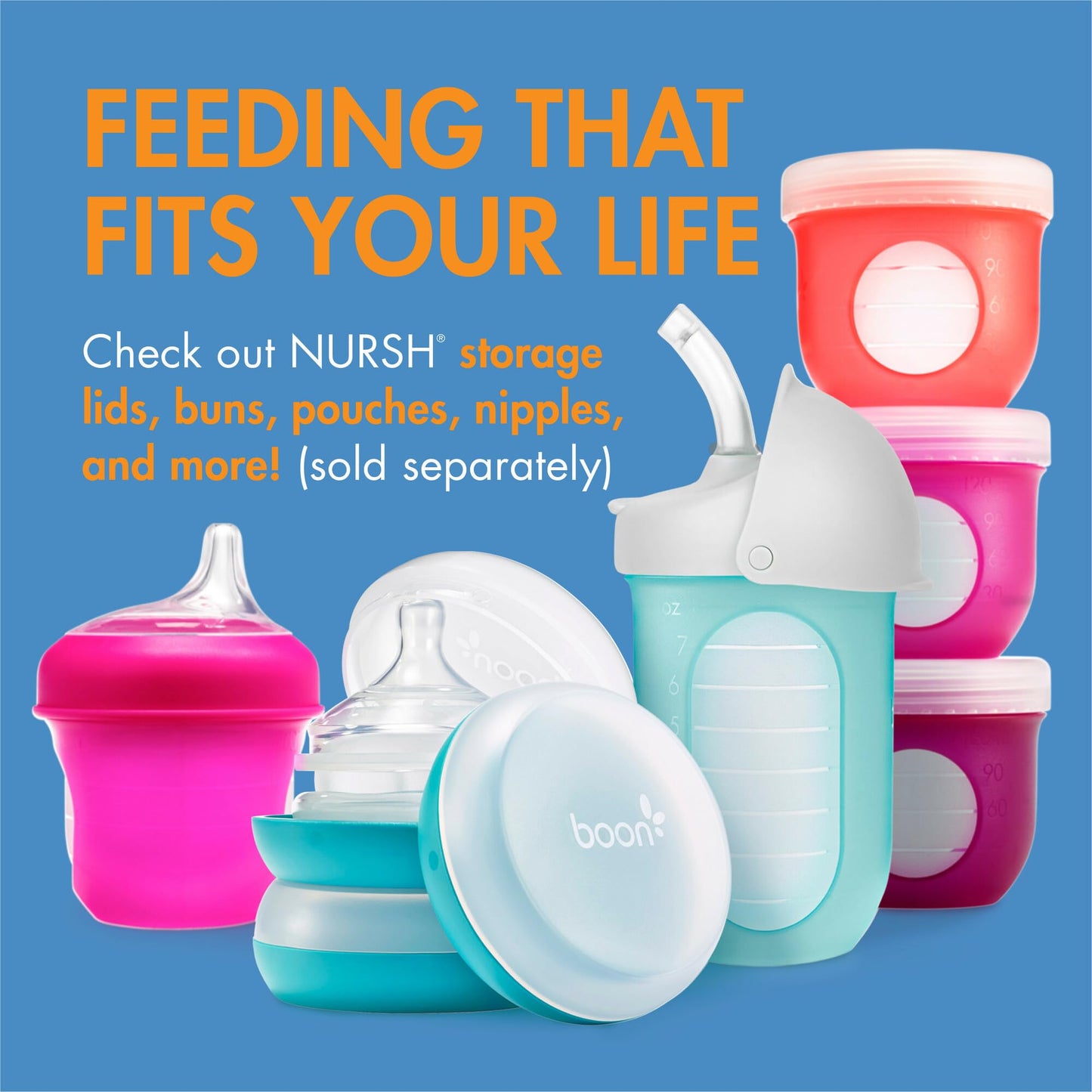 Boon Nursh Reusable Silicone Pouch Baby Bottles - Medium Flow Nipple - Silicone Baby Bottle Pouch and Nipple - Baby Feeding Essentials - Pink - 3-6 Months - 3 Count - 8 Ounce