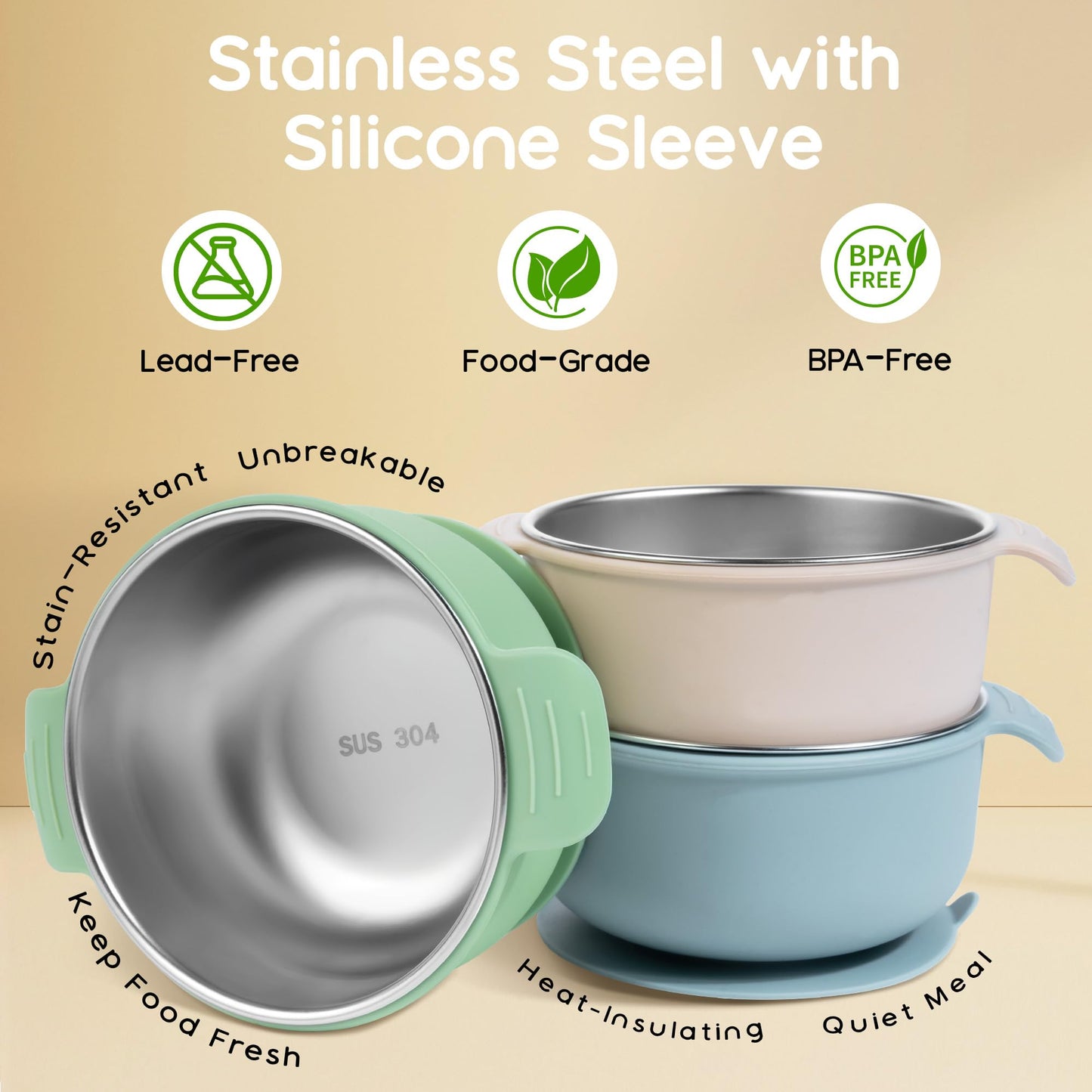 Bella's Friends Stainless Steel and Silicone Baby Bowls with Suction 3 Pack, 4.3”