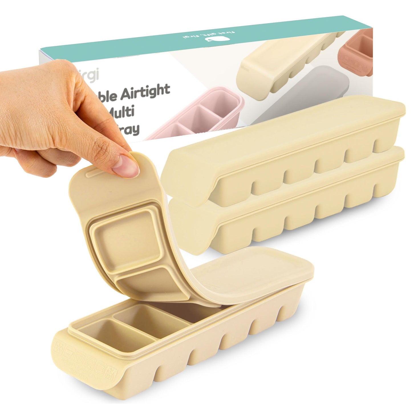 4 Section-1.7oz Gray 100% Food Grade Silicone Ice Cube Tray Food Container with Airtight Locking Lid, Fruit Vegetable Purees, Breastmilk Storage for Baby & Toddler Food | BPA Free Korea Made