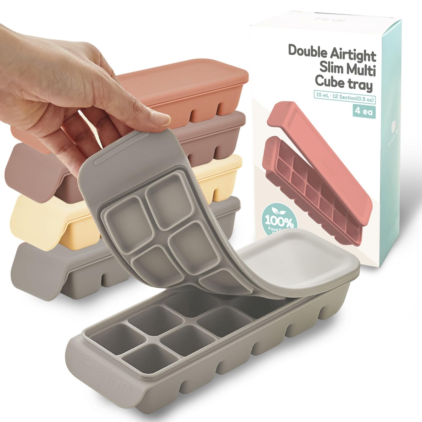 4 Section-1.7oz Gray 100% Food Grade Silicone Ice Cube Tray Food Container with Airtight Locking Lid, Fruit Vegetable Purees, Breastmilk Storage for Baby & Toddler Food | BPA Free Korea Made