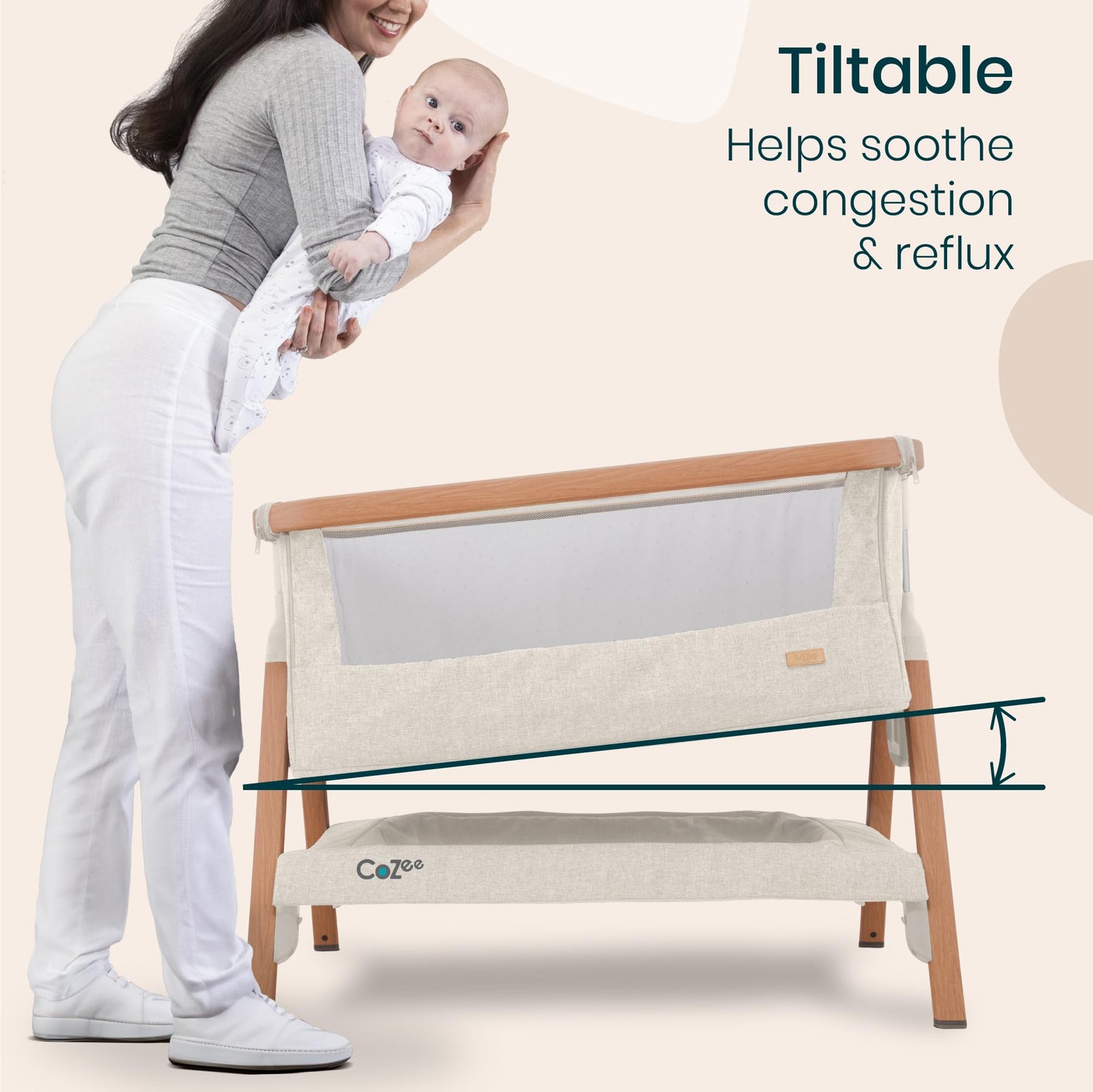 CoZee® 2-in-1 Baby Bassinet & Bedside Sleeper - Fast-Folding Bedside Bassinet, Baby Crib with 6 Mattress Heights & Breathable Mesh Window, Mattress Included, 0-6 Months (Oak & Charcoal)