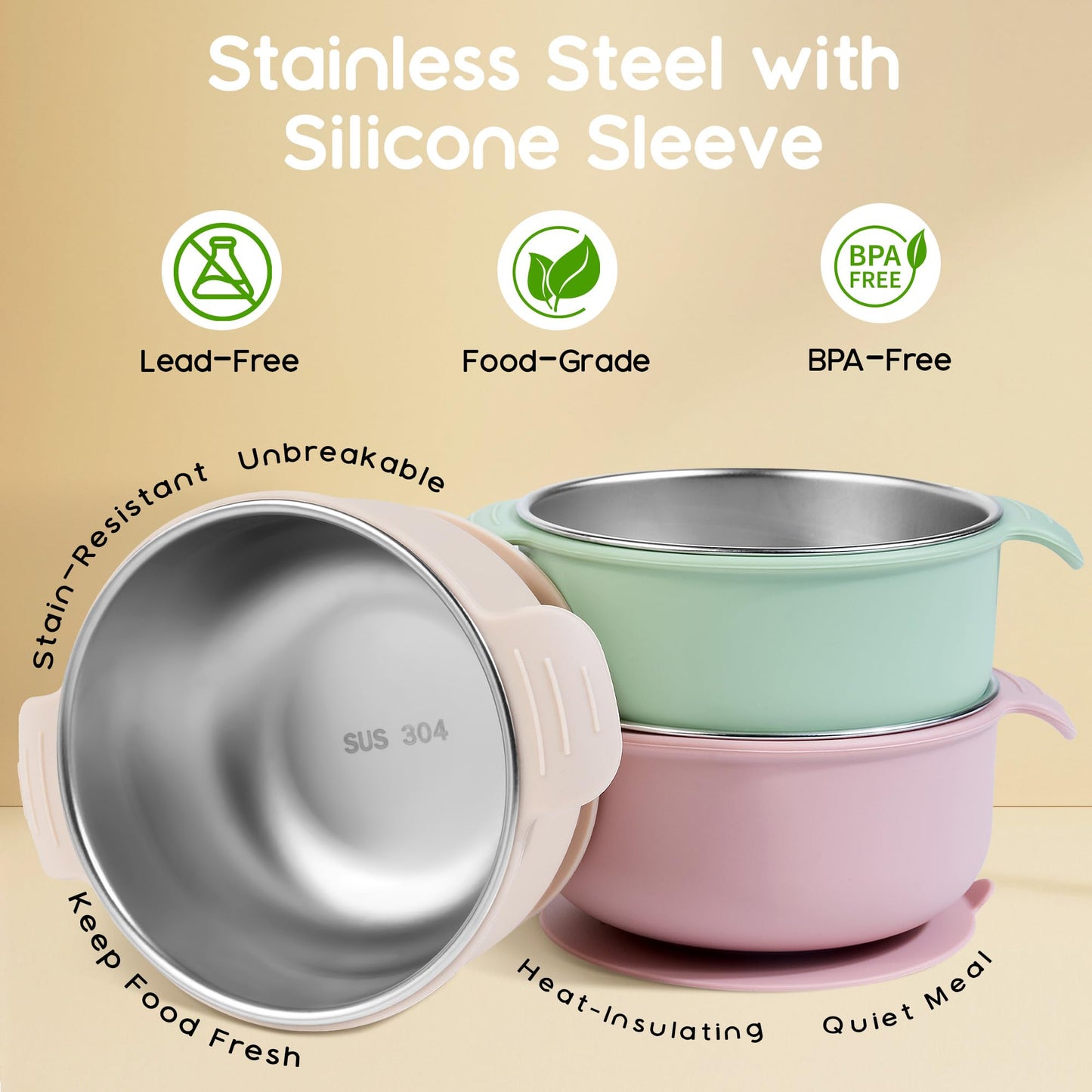 Bella's Friends Stainless Steel and Silicone Baby Bowls with Suction 3 Pack, 4.3”