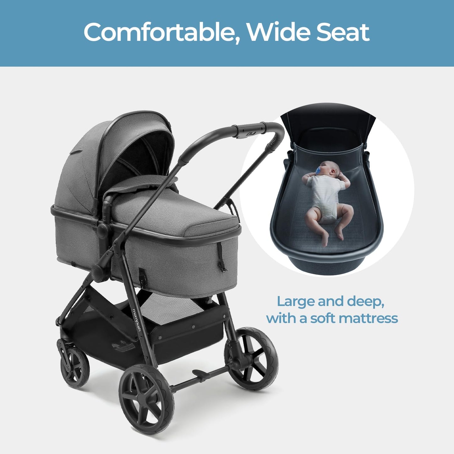 Mompush Wiz 2-in-1 Convertible Baby Stroller with Bassinet Mode, Foldable Infant Stroller with Reversible Seat and Large UPF 50+ Canopy