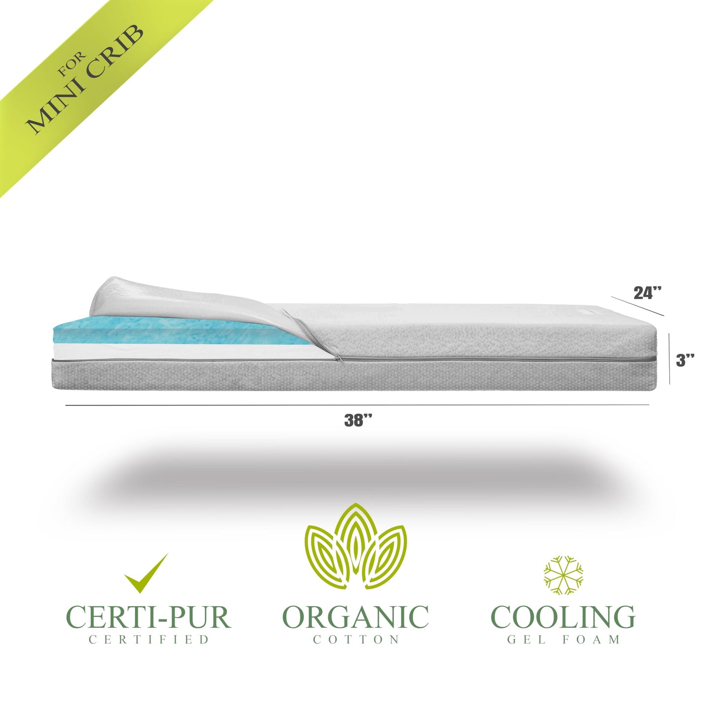 Organic Cotton Dual-Sided Mini Crib Mattress, 38x24x3 Premium Memory Foam 2-Stage CertiPUR-US Hypoallergenic Baby Mattress Firm Support for Infant Cooling Gel for Toddler Waterproof & Washable Cover