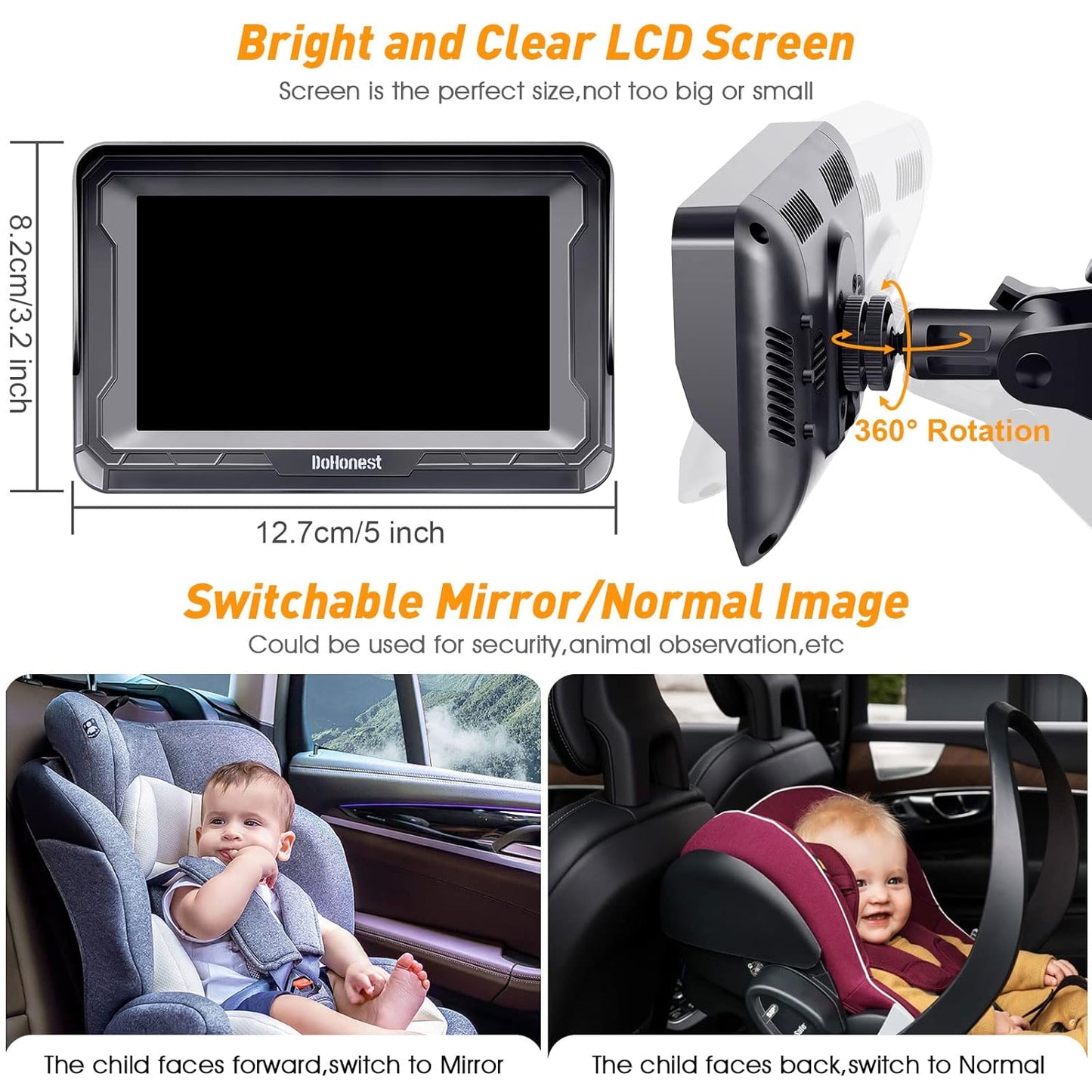 DoHonest Baby Car Camera HD 1080P - Rear-Facing Car Baby Monitor with Night Vision