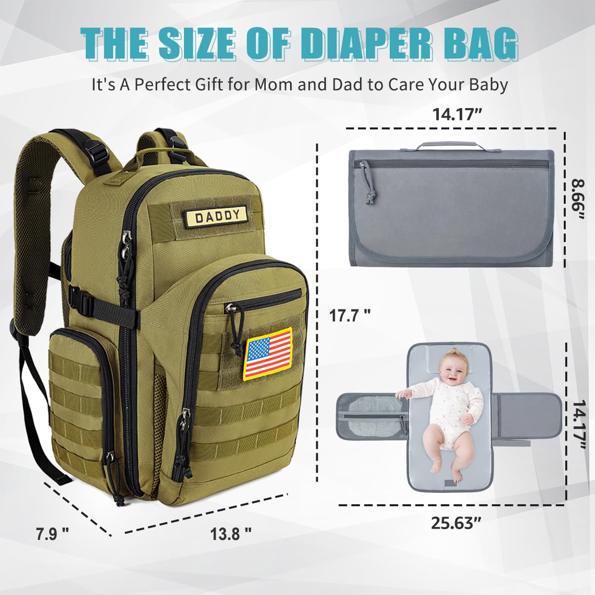 SHARKMOUTH Dad Diaper Bag Backpack - Military Baby Gear Backpacks with Daddy Patches Black