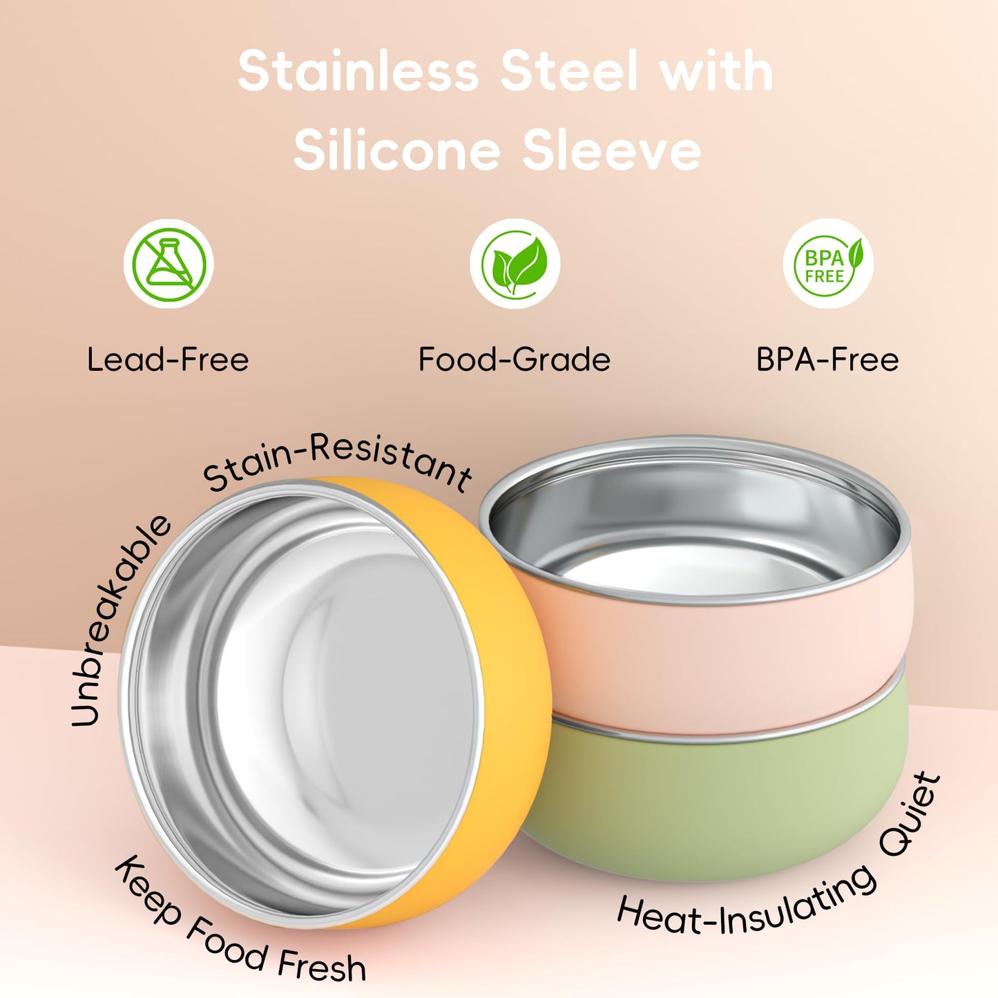 Bella's Friends Stainless Steel and Silicone Baby Bowls with Suction 3 Pack, 4.3”