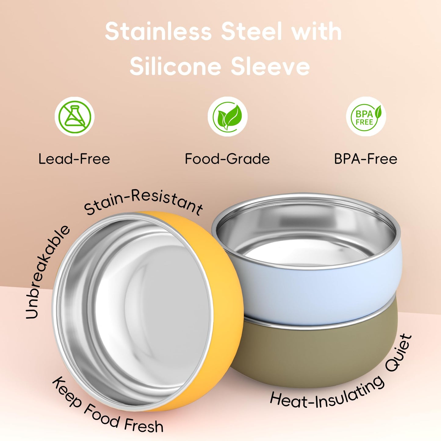 Bella's Friends Stainless Steel and Silicone Baby Bowls with Suction 3 Pack, 4.3”