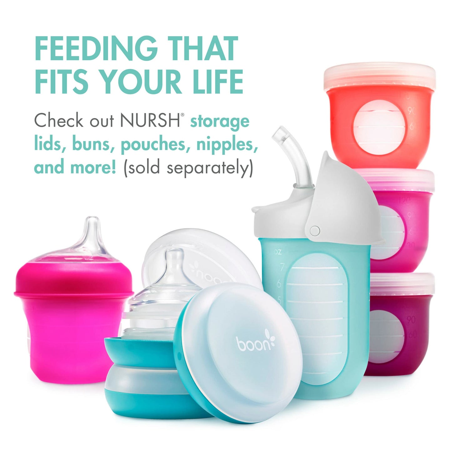 Boon Nursh Reusable Silicone Pouch Baby Bottles - Medium Flow Nipple - Silicone Baby Bottle Pouch and Nipple - Baby Feeding Essentials - Pink - 3-6 Months - 3 Count - 8 Ounce