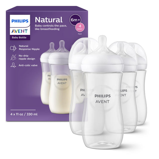 Philips Avent Natural Baby Bottles with Natural Response Nipples (Medium Flow, Flow 3), 9oz, 4-Pack