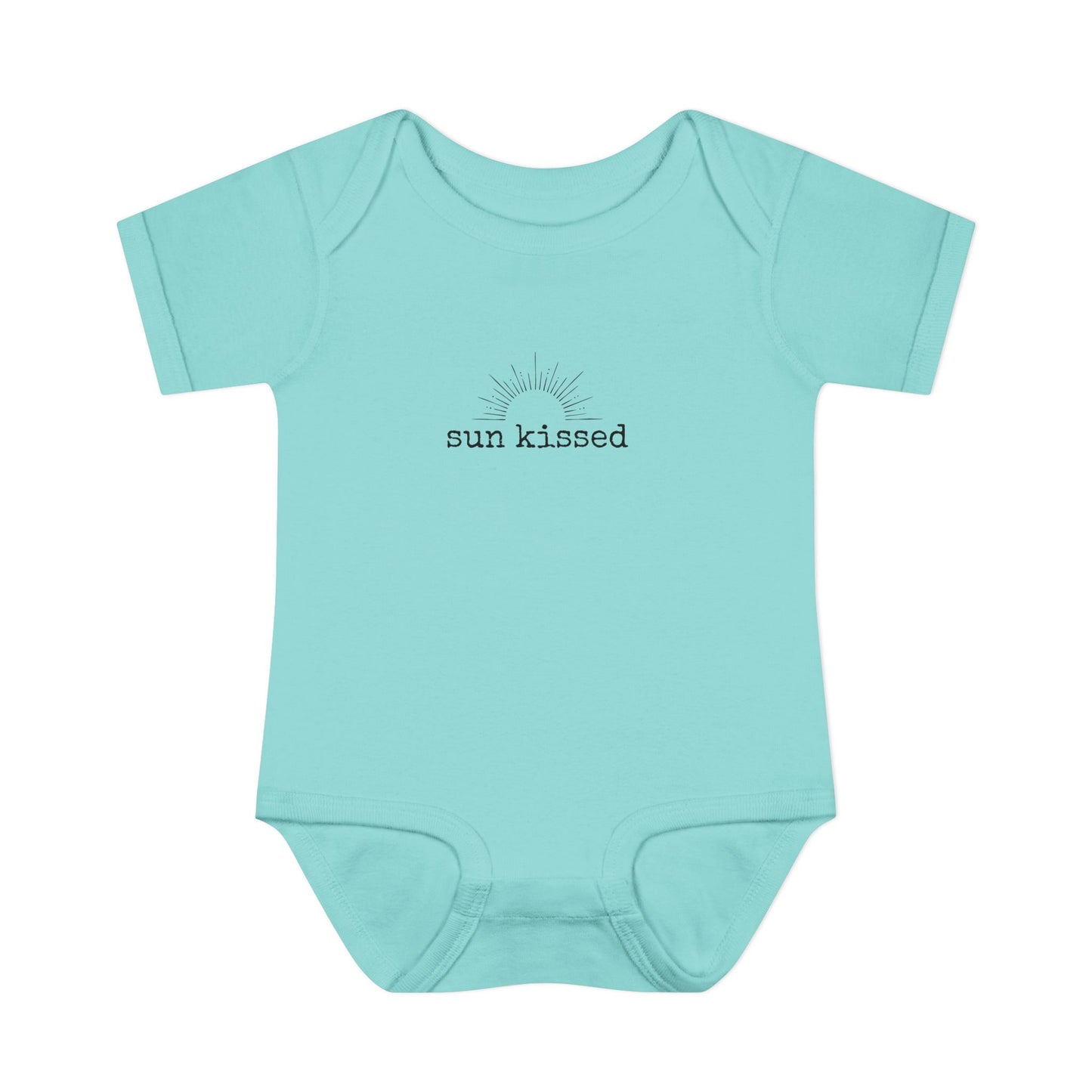 Light blue baby onesie with 'sun kissed' text on a white background