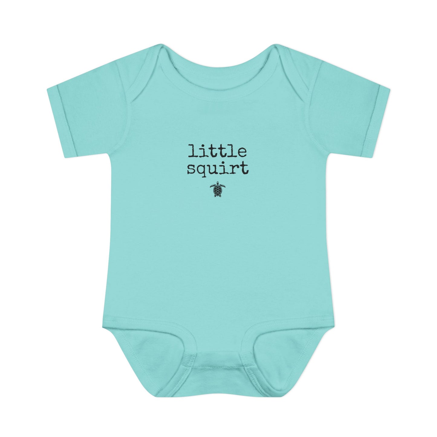 Light blue baby onesie with 'little squirt' text on a white background