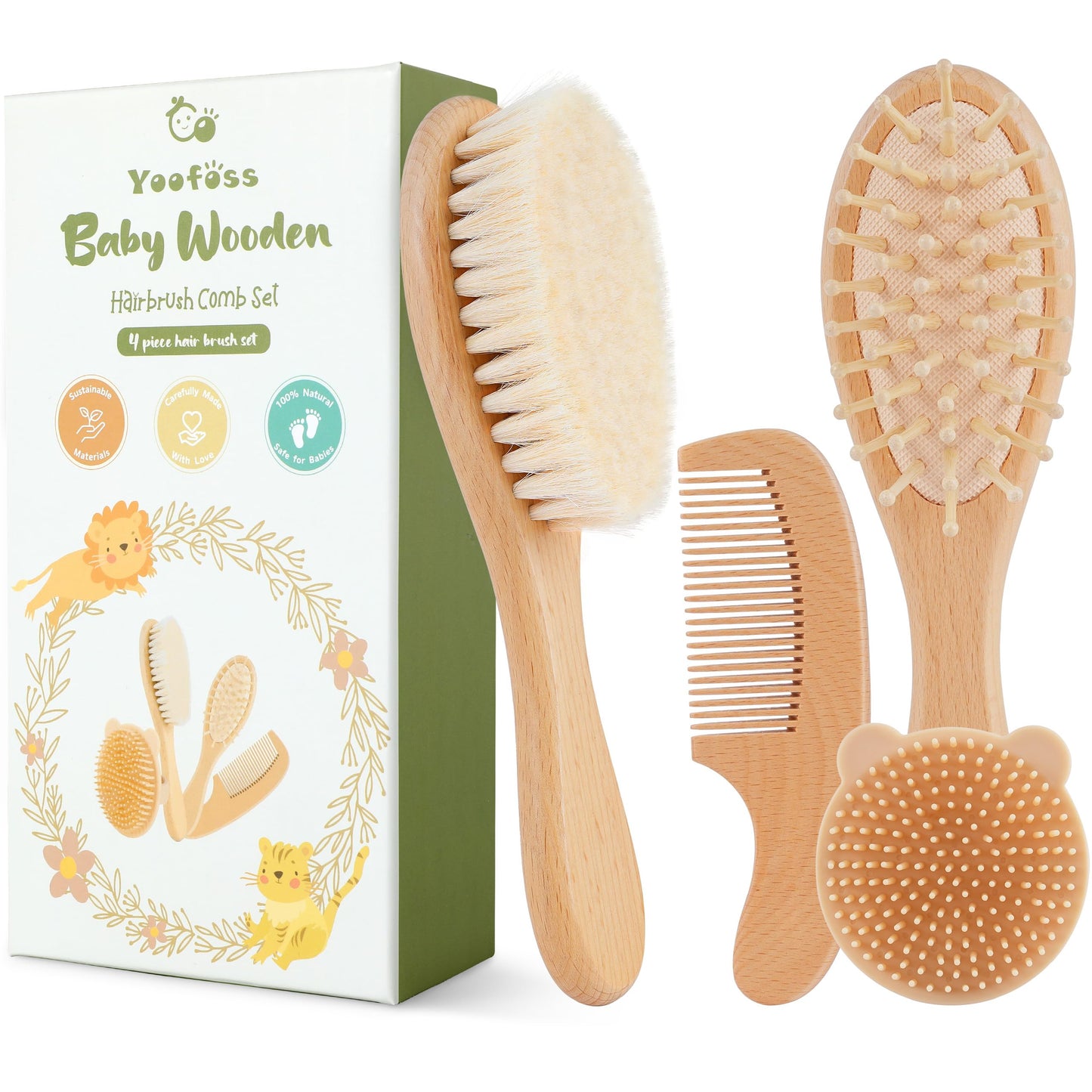 Yoofoss 4 Piece Baby Brush and Comb Set, Wooden Baby Brush with Natural Ultra Soft Goat Hair