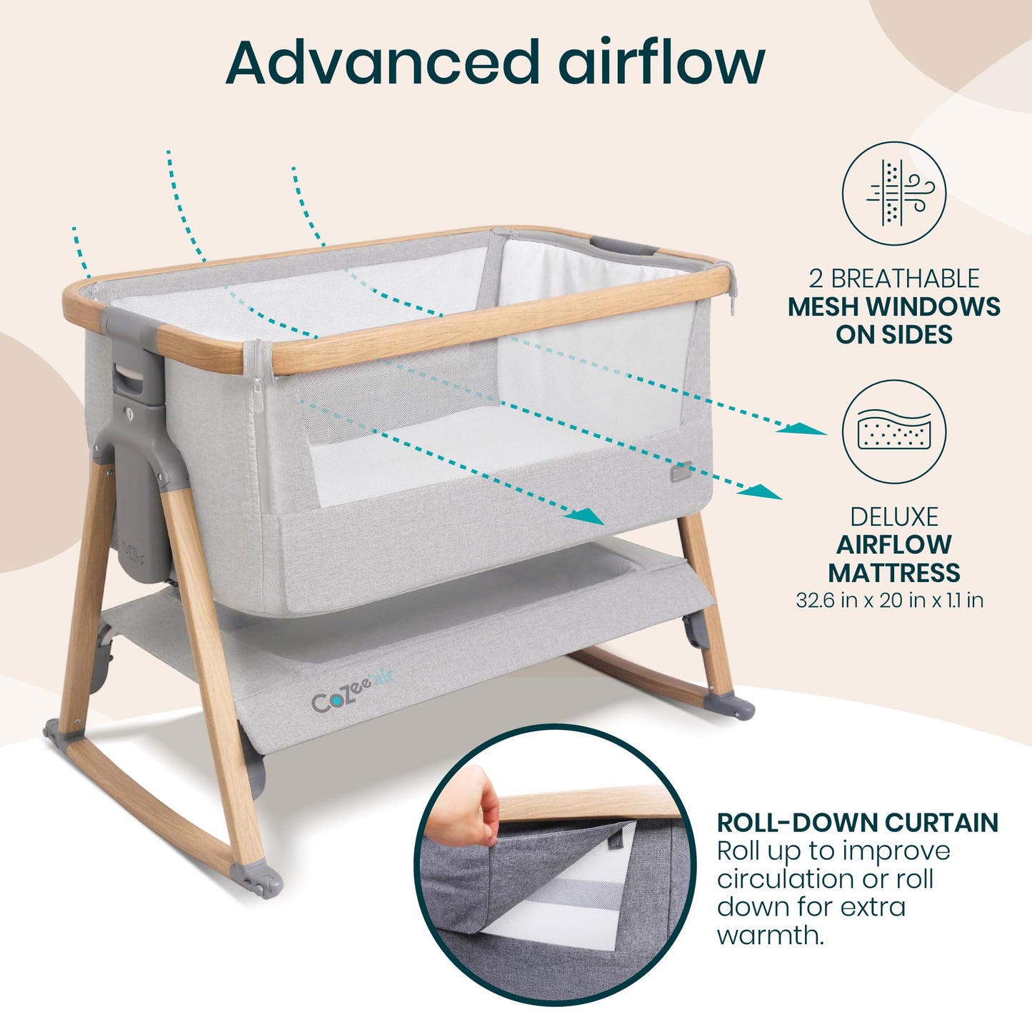 CoZee® 2-in-1 Baby Bassinet & Bedside Sleeper - Fast-Folding Bedside Bassinet, Baby Crib with 6 Mattress Heights & Breathable Mesh Window, Mattress Included, 0-6 Months (Oak & Charcoal)