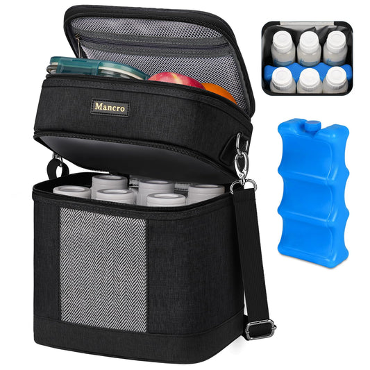 Mancro Breastmilk Cooler Bag with Ice Pack, Double Layer Insulated Baby Bottles Bag Fits 6 Bottles Up to 9 Ounces, Portable Breast Pump Cooler Travel Bag for Daycare and Nursing Moms, Beige