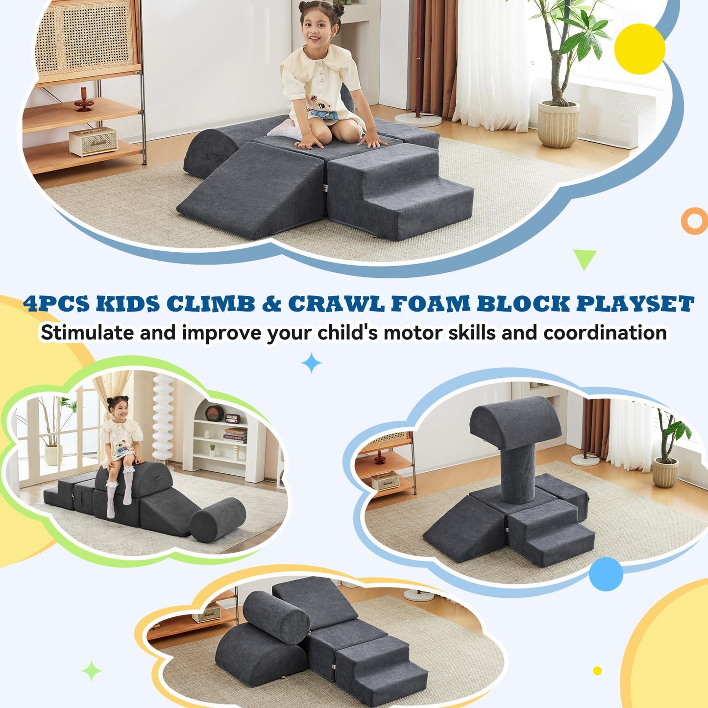 jela Foam Blocks 6Pcs Soft Play Equipment Waterproof Fabric, UV Resistant Toddler Climbing Toys Indoor& Outdoor Soft Play Climbing for Toddlers, Lightweight Climbing Blocks for Babies, Kids (Darkgrey)