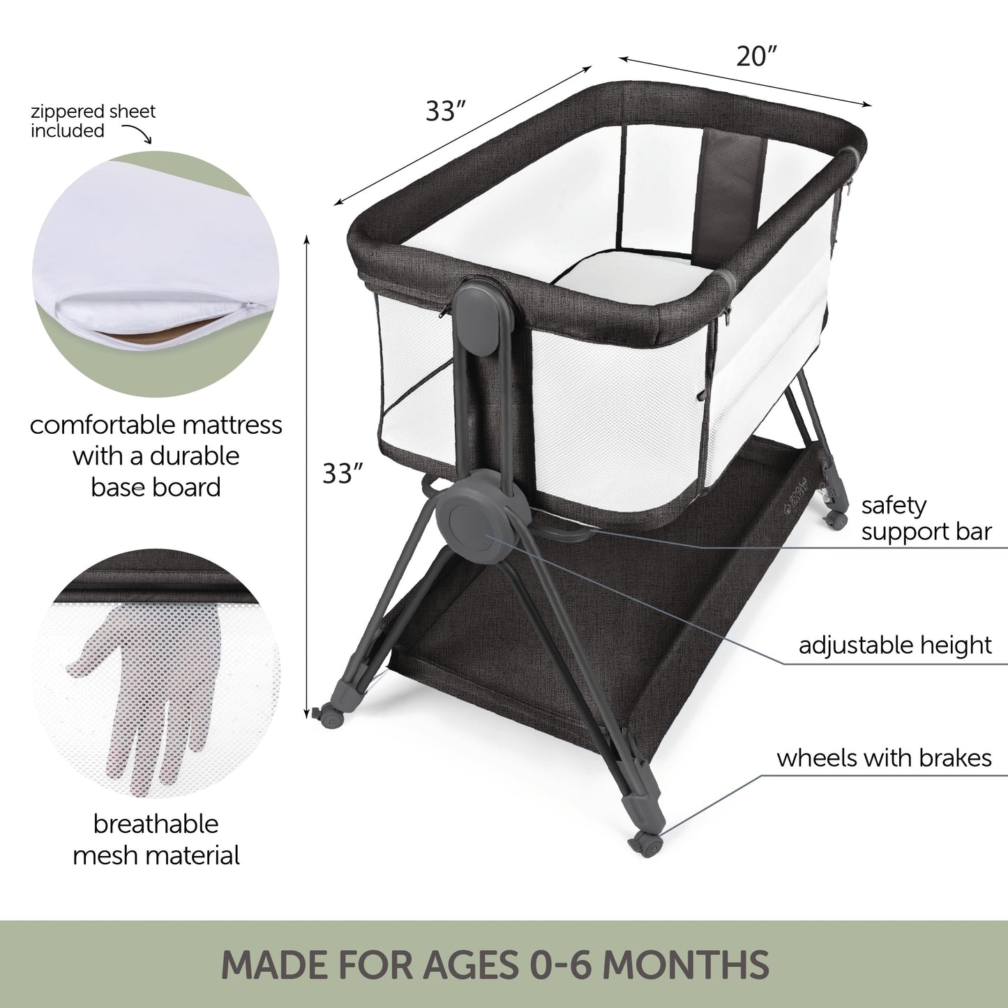 Baby Bedside Sleeper - Bassinet & Bedside Crib with Height Adjustment & Wheels - Can Be Placed Next to Bed - Attaches to Parents Bed - Easy to Fold & Carry Bassinet for Girls (Pink)