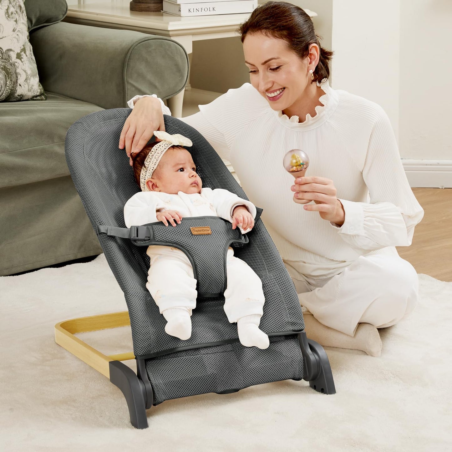 Foldable Baby Bouncer, Baby Seat with 3 Adjustable Heights, Portable Newborn Rocker