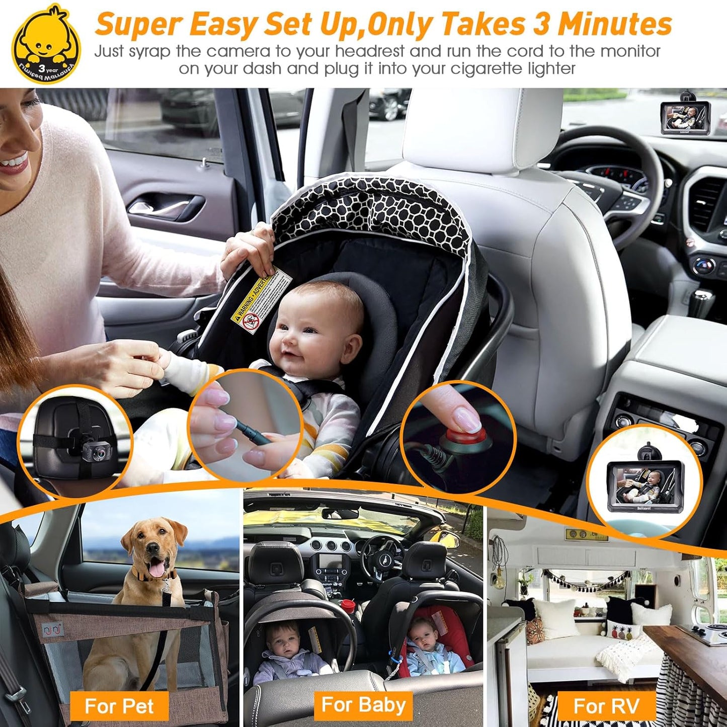 DoHonest Baby Car Camera HD 1080P - Rear-Facing Car Baby Monitor with Night Vision