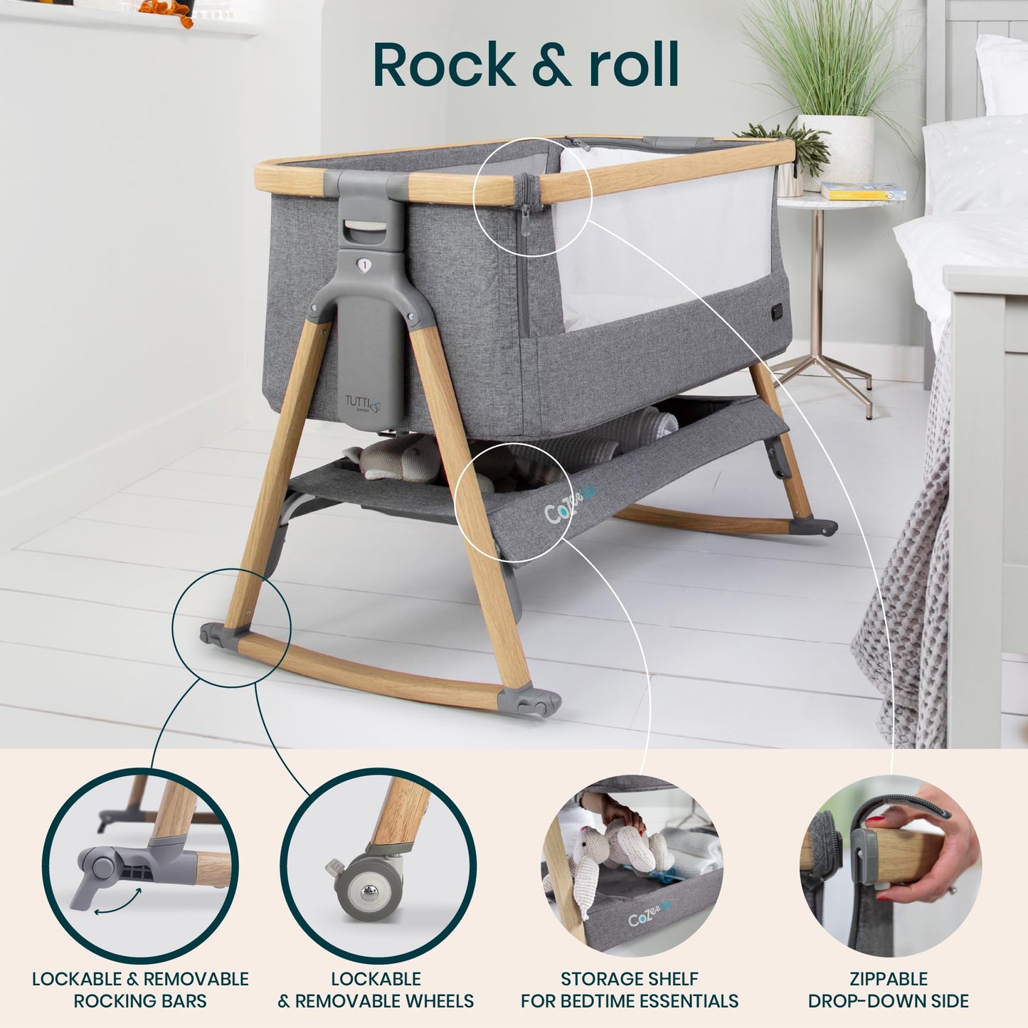 CoZee® 2-in-1 Baby Bassinet & Bedside Sleeper - Fast-Folding Bedside Bassinet, Baby Crib with 6 Mattress Heights & Breathable Mesh Window, Mattress Included, 0-6 Months (Oak & Charcoal)
