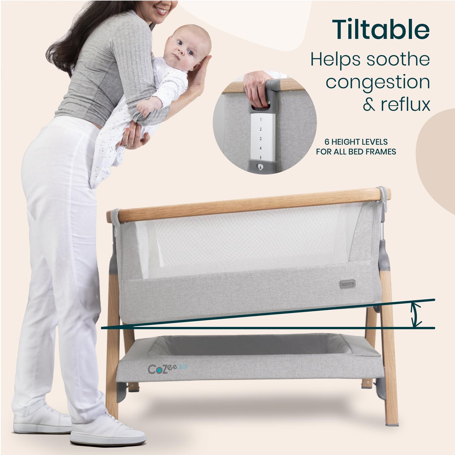 CoZee® 2-in-1 Baby Bassinet & Bedside Sleeper - Fast-Folding Bedside Bassinet, Baby Crib with 6 Mattress Heights & Breathable Mesh Window, Mattress Included, 0-6 Months (Oak & Charcoal)