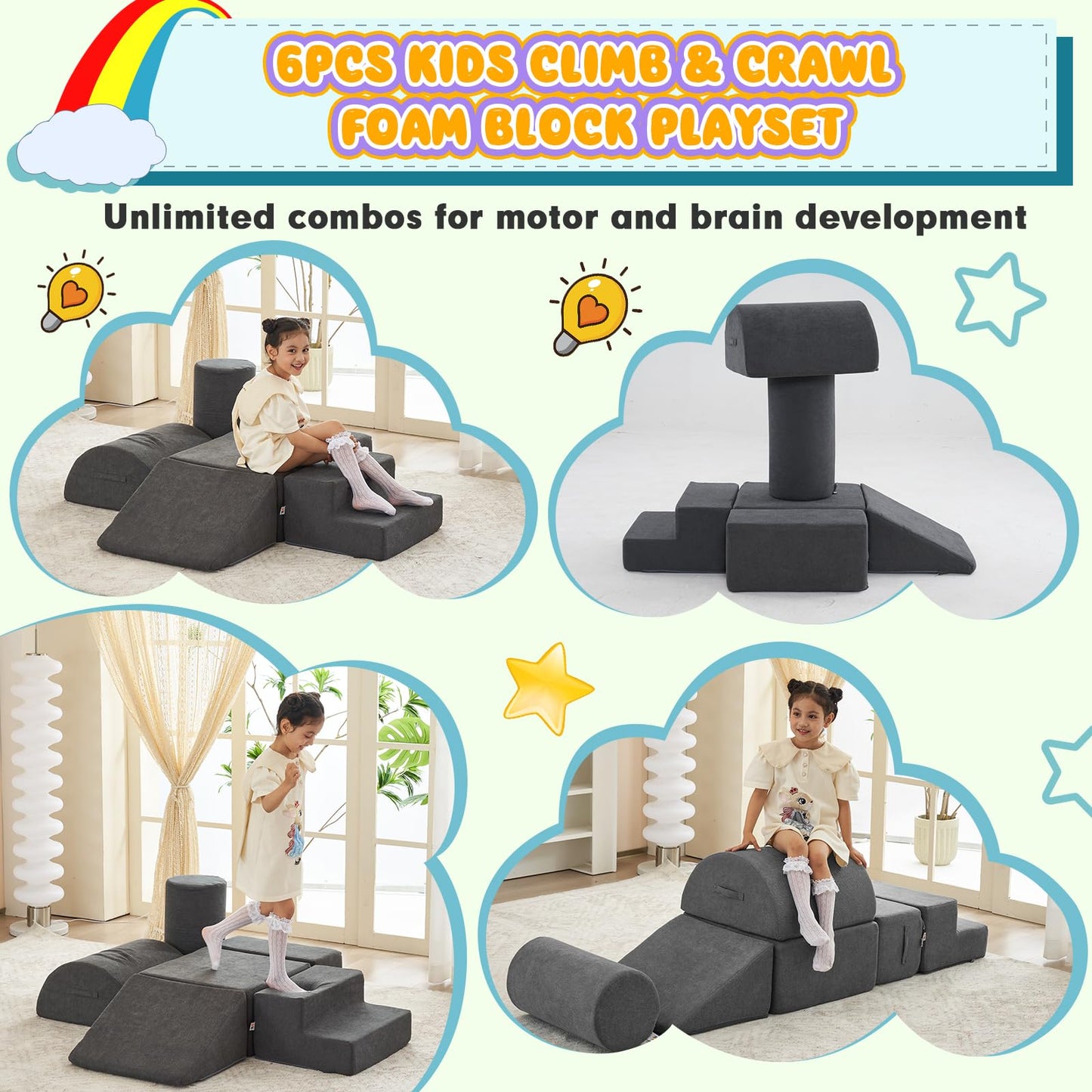 jela Foam Blocks 6Pcs Soft Play Equipment Waterproof Fabric, UV Resistant Toddler Climbing Toys Indoor& Outdoor Soft Play Climbing for Toddlers, Lightweight Climbing Blocks for Babies, Kids (Darkgrey)