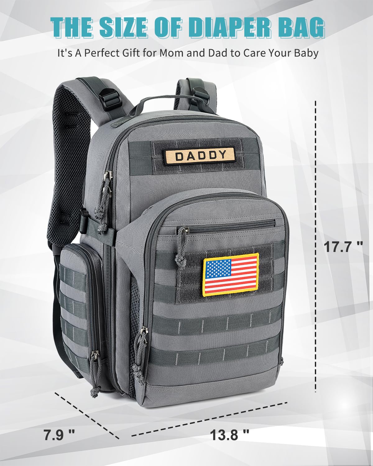 SHARKMOUTH Dad Diaper Bag Backpack - Military Baby Gear Backpacks with Daddy Patches Black
