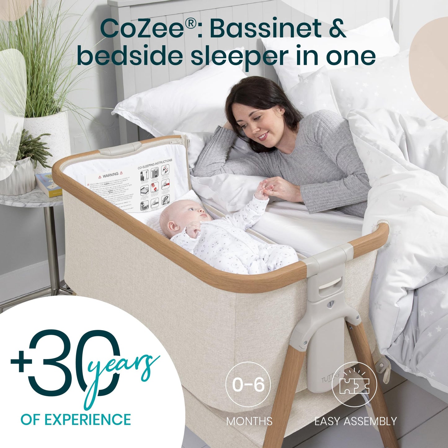 CoZee® 2-in-1 Baby Bassinet & Bedside Sleeper - Fast-Folding Bedside Bassinet, Baby Crib with 6 Mattress Heights & Breathable Mesh Window, Mattress Included, 0-6 Months (Oak & Charcoal)