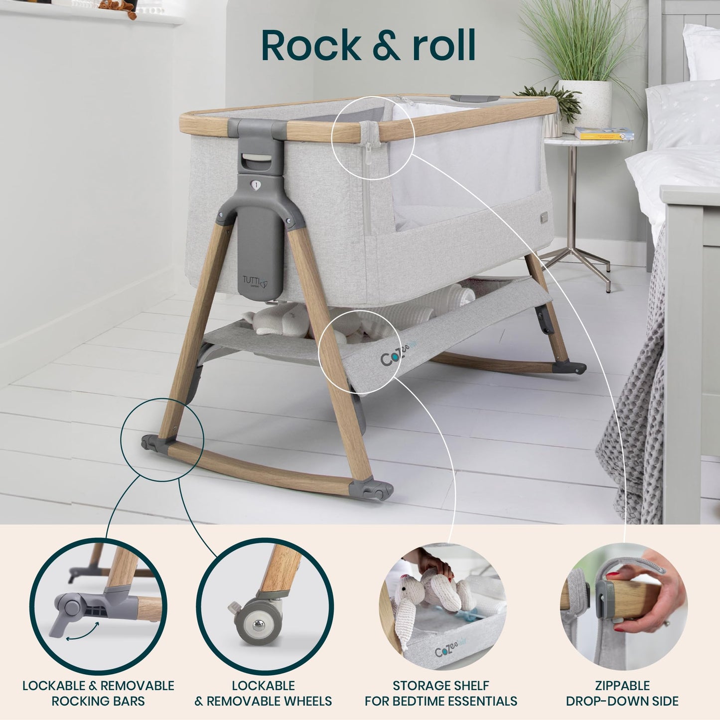 CoZee® 2-in-1 Baby Bassinet & Bedside Sleeper - Fast-Folding Bedside Bassinet, Baby Crib with 6 Mattress Heights & Breathable Mesh Window, Mattress Included, 0-6 Months (Oak & Charcoal)