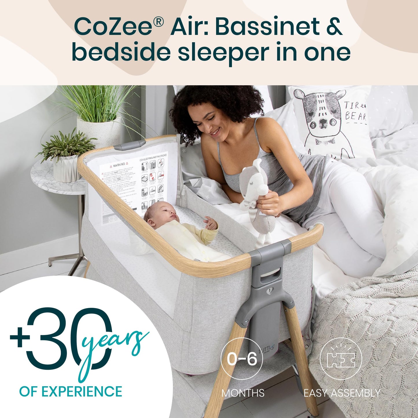 CoZee® 2-in-1 Baby Bassinet & Bedside Sleeper - Fast-Folding Bedside Bassinet, Baby Crib with 6 Mattress Heights & Breathable Mesh Window, Mattress Included, 0-6 Months (Oak & Charcoal)