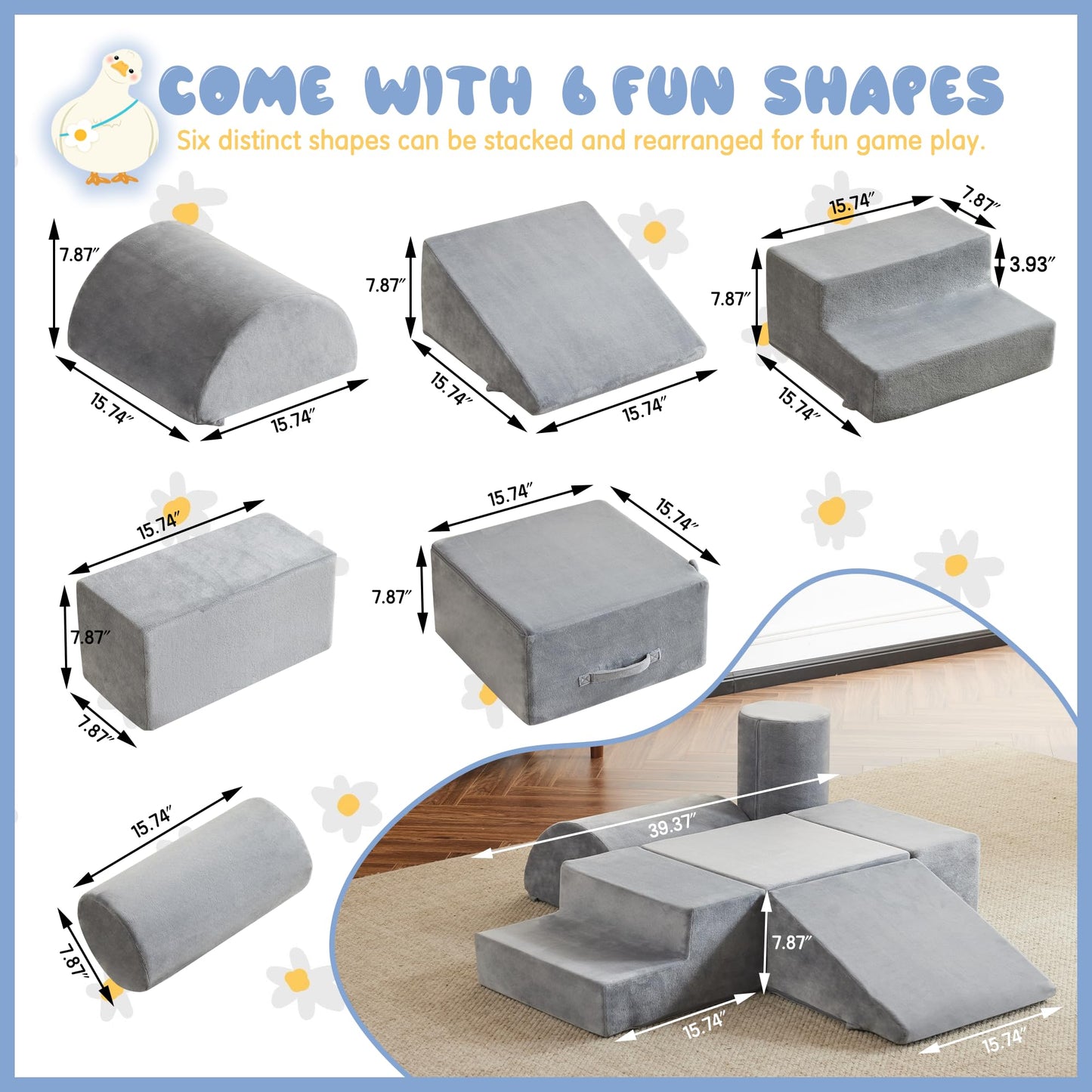 jela Foam Blocks 6Pcs Soft Play Equipment Waterproof Fabric, UV Resistant Toddler Climbing Toys Indoor& Outdoor Soft Play Climbing for Toddlers, Lightweight Climbing Blocks for Babies, Kids (Darkgrey)