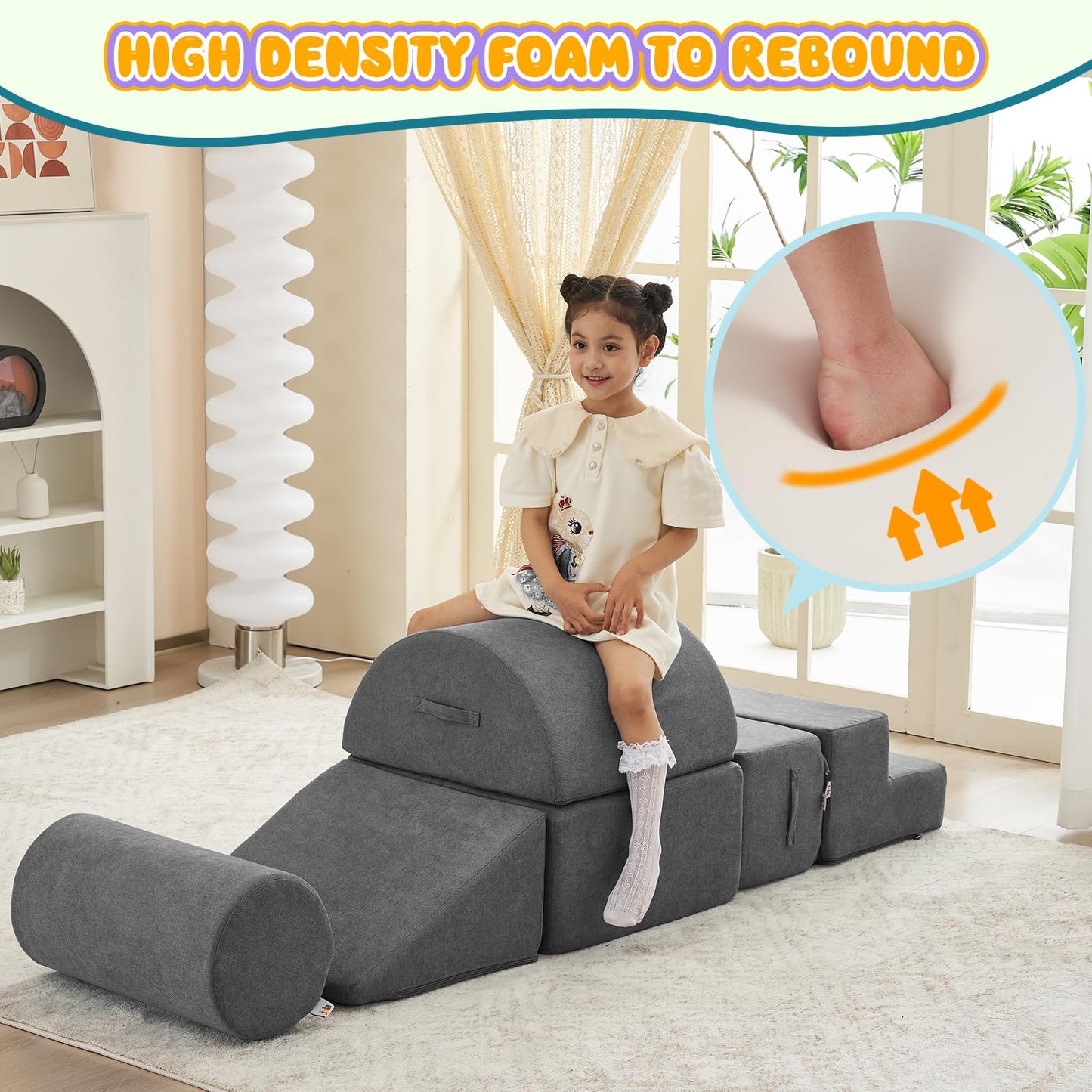 jela Foam Blocks 6Pcs Soft Play Equipment Waterproof Fabric, UV Resistant Toddler Climbing Toys Indoor& Outdoor Soft Play Climbing for Toddlers, Lightweight Climbing Blocks for Babies, Kids (Darkgrey)