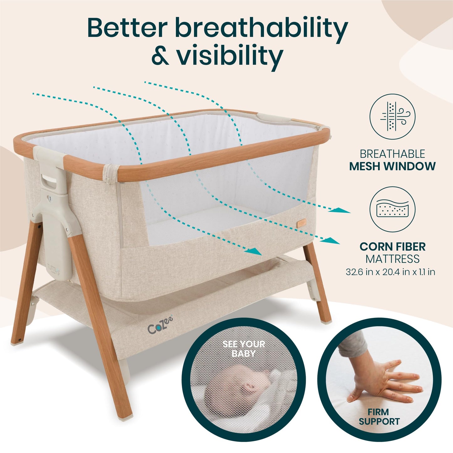 CoZee® 2-in-1 Baby Bassinet & Bedside Sleeper - Fast-Folding Bedside Bassinet, Baby Crib with 6 Mattress Heights & Breathable Mesh Window, Mattress Included, 0-6 Months (Oak & Charcoal)