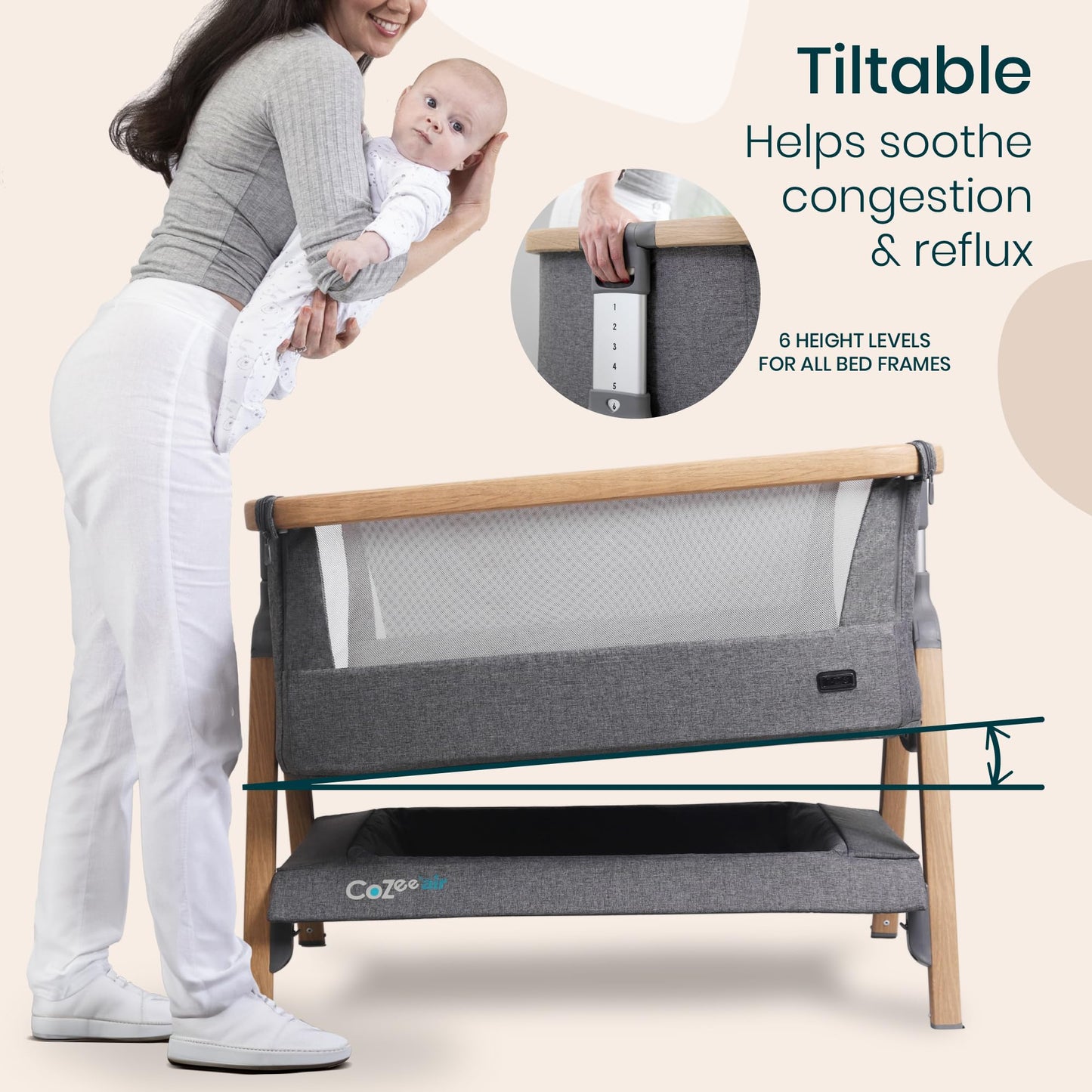 CoZee® 2-in-1 Baby Bassinet & Bedside Sleeper - Fast-Folding Bedside Bassinet, Baby Crib with 6 Mattress Heights & Breathable Mesh Window, Mattress Included, 0-6 Months (Oak & Charcoal)