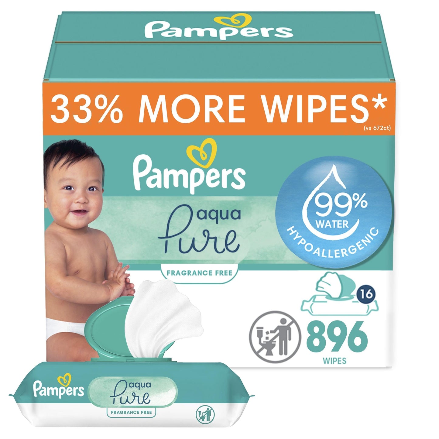 Pampers Baby Wipes Aqua Pure, 99% water-based wipes