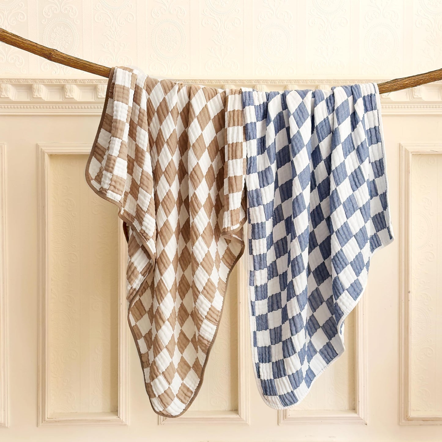 Ultra Soft Checkered Muslin Baby Blanket Pack of 2 Cotton Swaddles Bed Blankets for Babies and Toddlers Girls Newborn 42 x 42 inches Cream and Pink