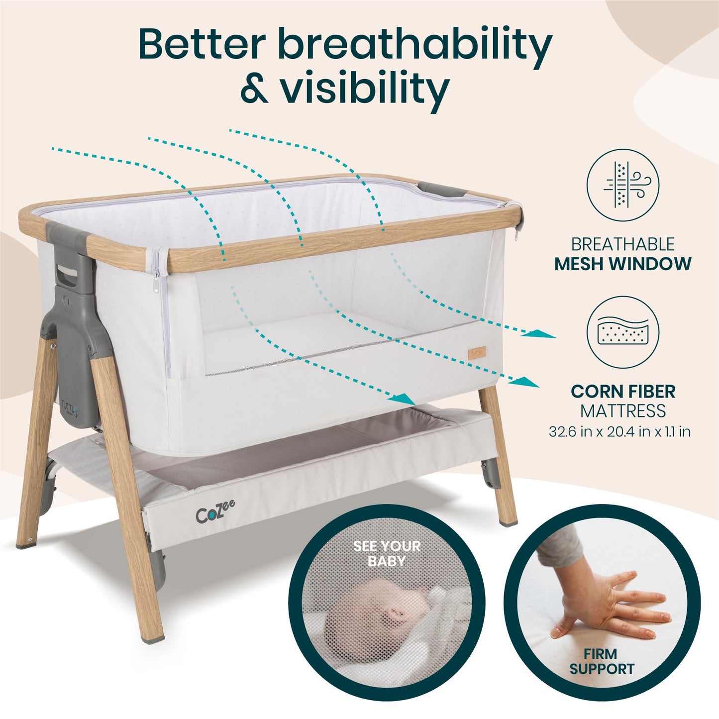 CoZee® 2-in-1 Baby Bassinet & Bedside Sleeper - Fast-Folding Bedside Bassinet, Baby Crib with 6 Mattress Heights & Breathable Mesh Window, Mattress Included, 0-6 Months (Oak & Charcoal)