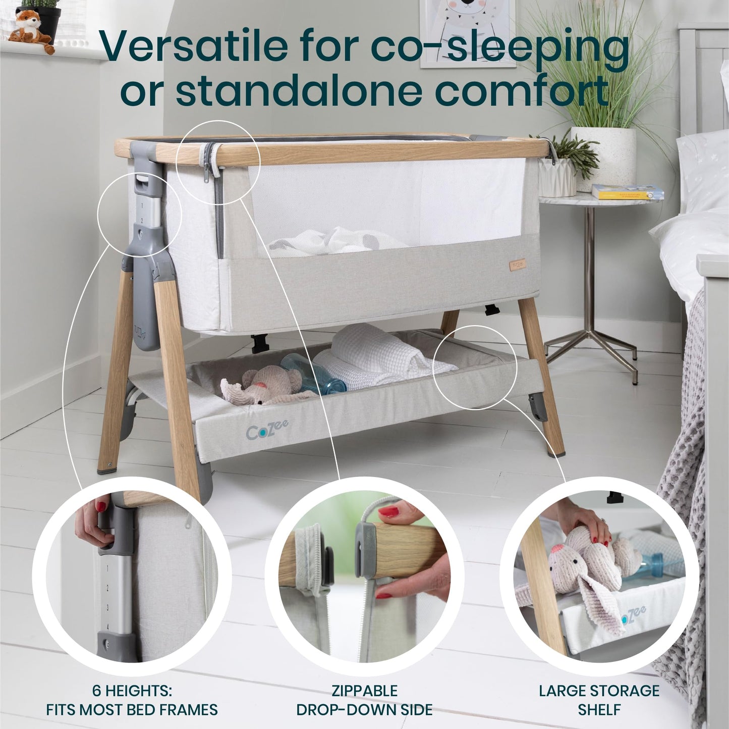 CoZee® 2-in-1 Baby Bassinet & Bedside Sleeper - Fast-Folding Bedside Bassinet, Baby Crib with 6 Mattress Heights & Breathable Mesh Window, Mattress Included, 0-6 Months (Oak & Charcoal)