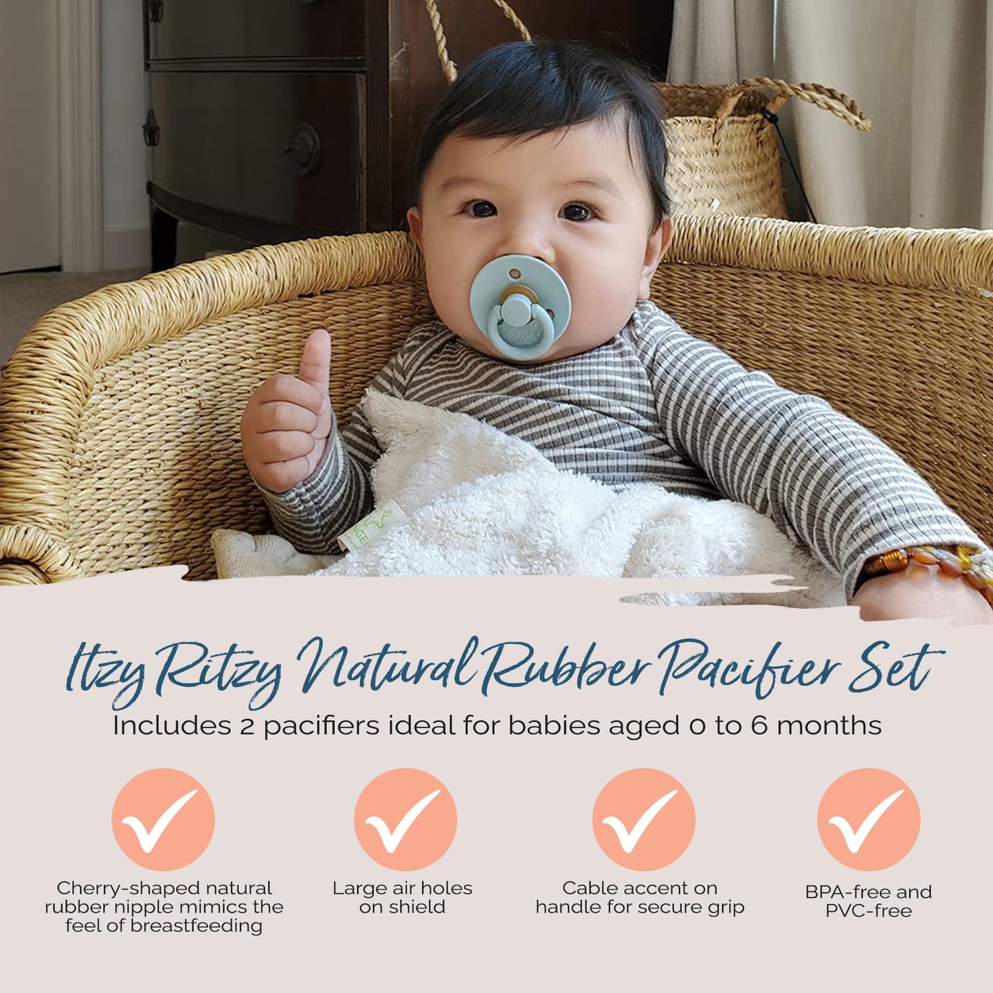 Itzy Ritzy Natural Rubber Pacifiers, Set of 2 – Natural Rubber Newborn Pacifiers with Cherry-Shaped Nipple & Large Air Holes for Added Safety; Set of 2 i
