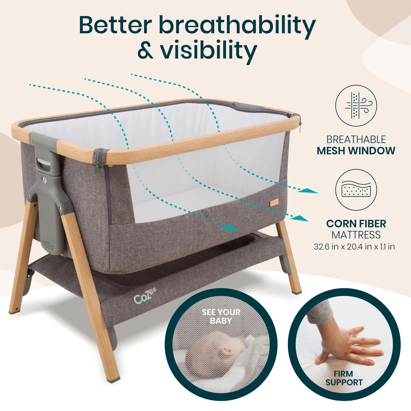 CoZee® 2-in-1 Baby Bassinet & Bedside Sleeper - Fast-Folding Bedside Bassinet, Baby Crib with 6 Mattress Heights & Breathable Mesh Window, Mattress Included, 0-6 Months (Oak & Charcoal)