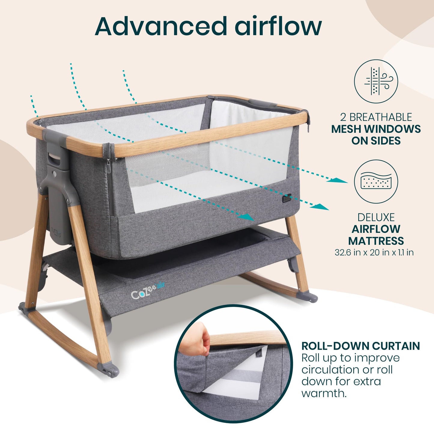 CoZee® 2-in-1 Baby Bassinet & Bedside Sleeper - Fast-Folding Bedside Bassinet, Baby Crib with 6 Mattress Heights & Breathable Mesh Window, Mattress Included, 0-6 Months (Oak & Charcoal)