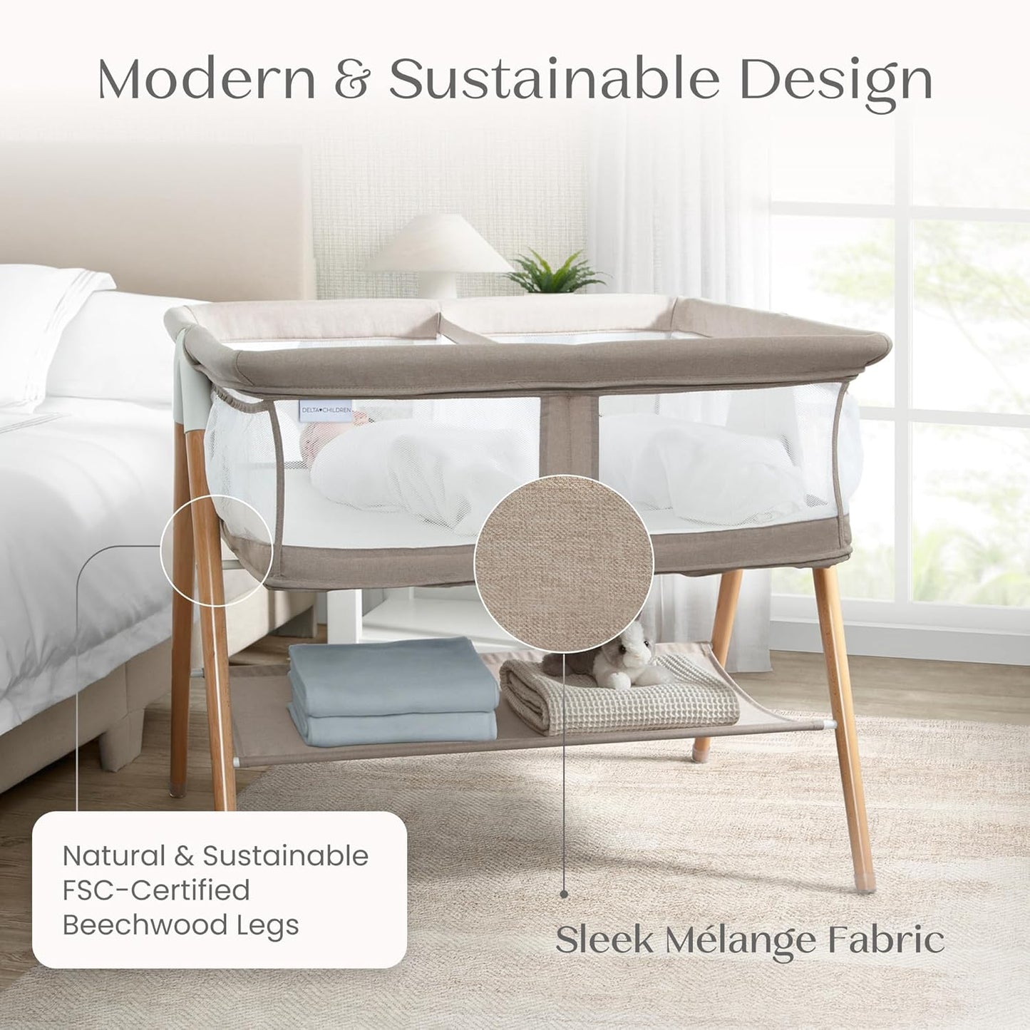 Bondi Beechwood Twin Bassinet with PureAir Breathable Mesh Sheet and FSC-Certified Wood, Tan