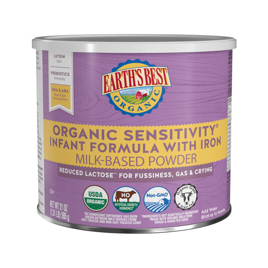 Earth's Best Organic Sensitivity Infant Formula for Babies 0-12 Months, Reduced Lactose Powder Formula with Iron, Omega-3 DHA, and Omega-6 ARA, 32 Ounce Value Container