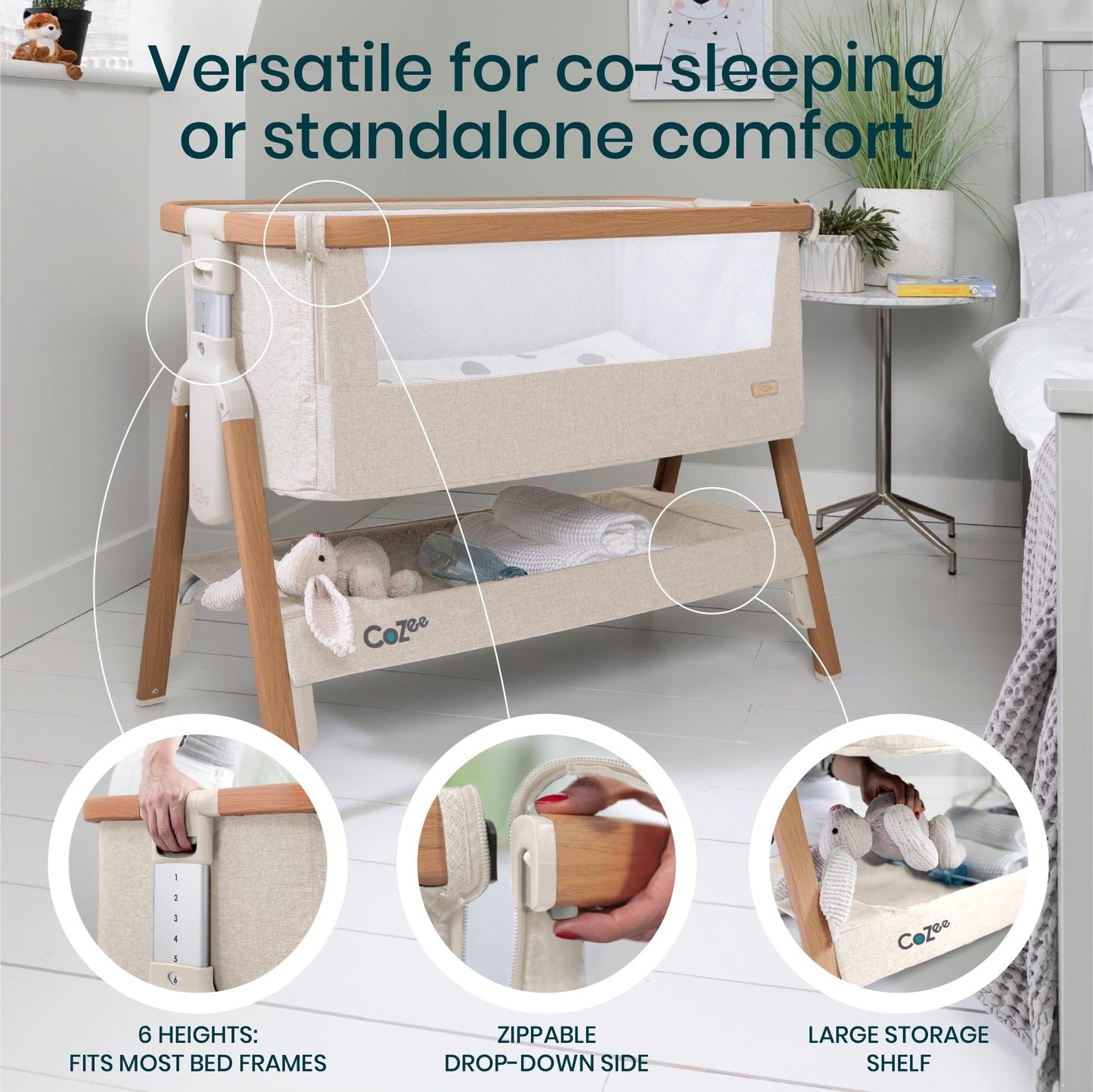 CoZee® 2-in-1 Baby Bassinet & Bedside Sleeper - Fast-Folding Bedside Bassinet, Baby Crib with 6 Mattress Heights & Breathable Mesh Window, Mattress Included, 0-6 Months (Oak & Charcoal)